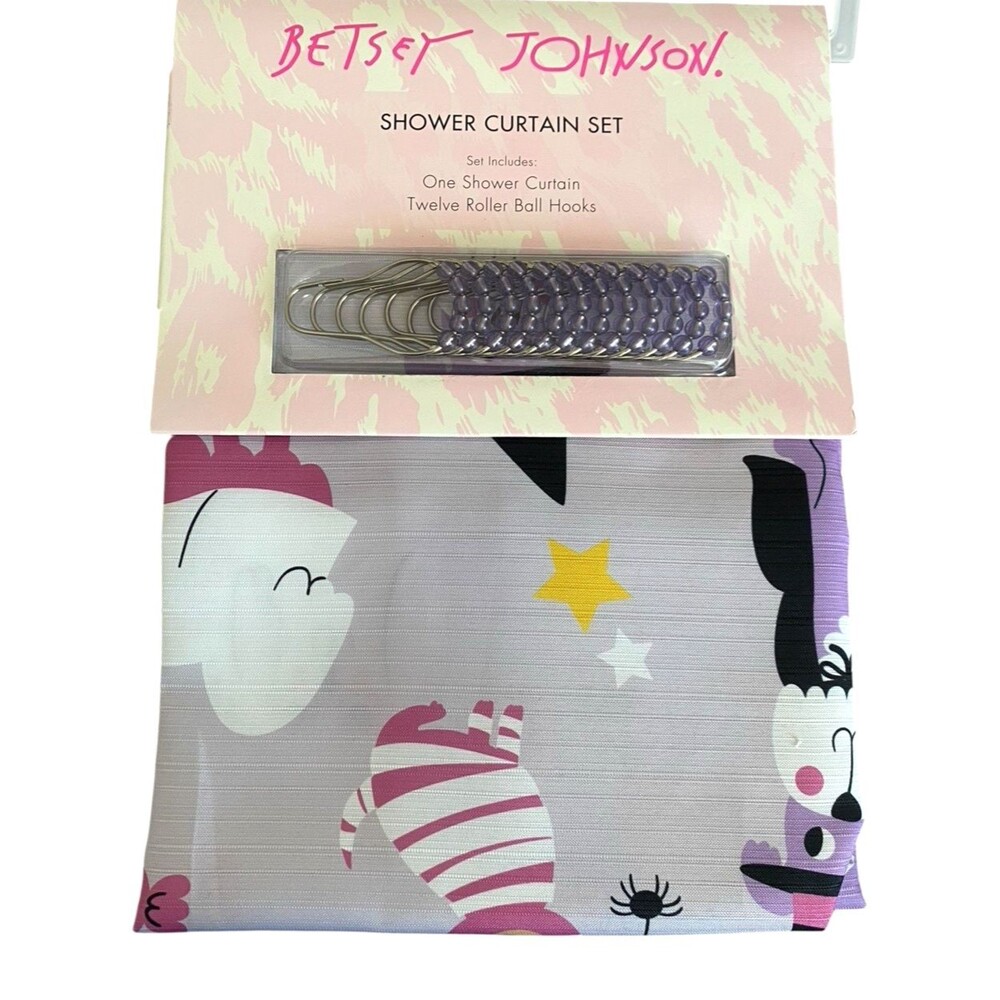 Betsey Johnson Halloween Dog Shower Curtain Set 72x72 w/ Hooks Purple Pink Cute
